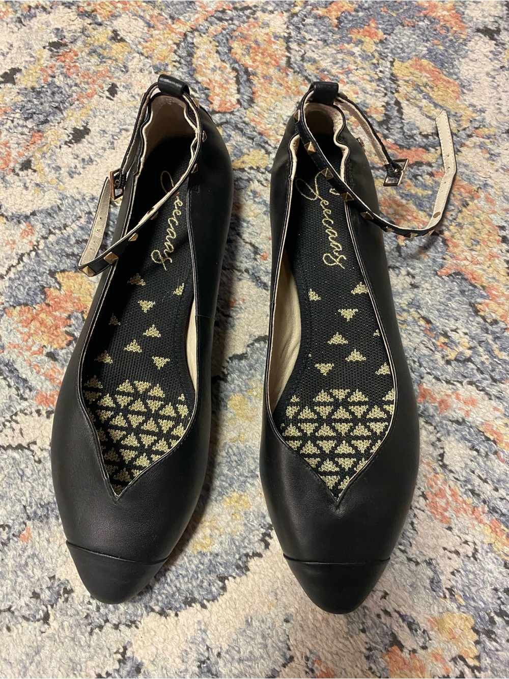 Seecaas Black Pointed-Toe Ankle-Strap Flats